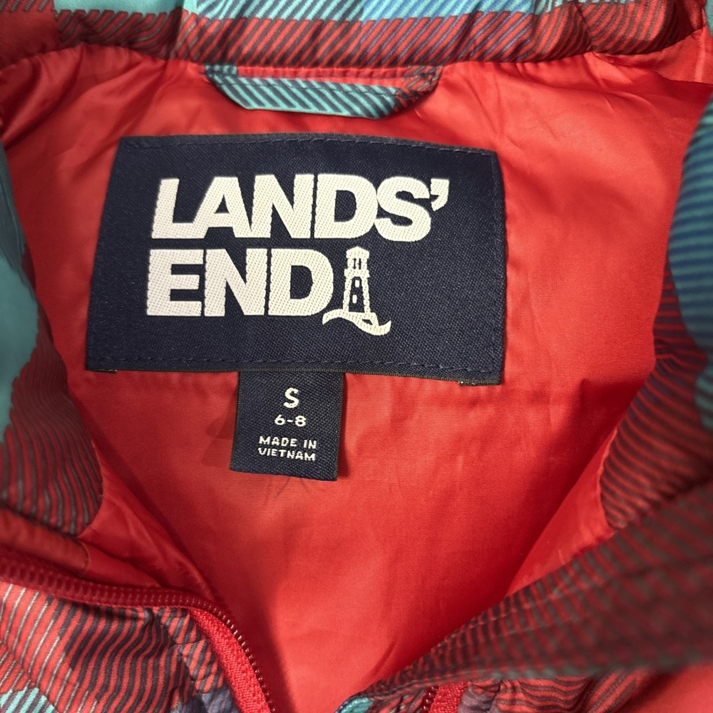 Womens Lands End Size Small 6-8 Plaid Down Puffer Vest Red Blue - Picture 6 of 7